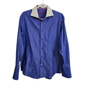 Robert Graham Dress Shirt Mens 42/16.5 Blue Longsleeve Embroidered Cuffs Cotton